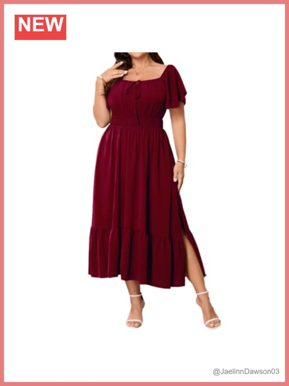 Plus Size Flowy Midi Dress Smocked High Waist Square Neck A-Line Summer